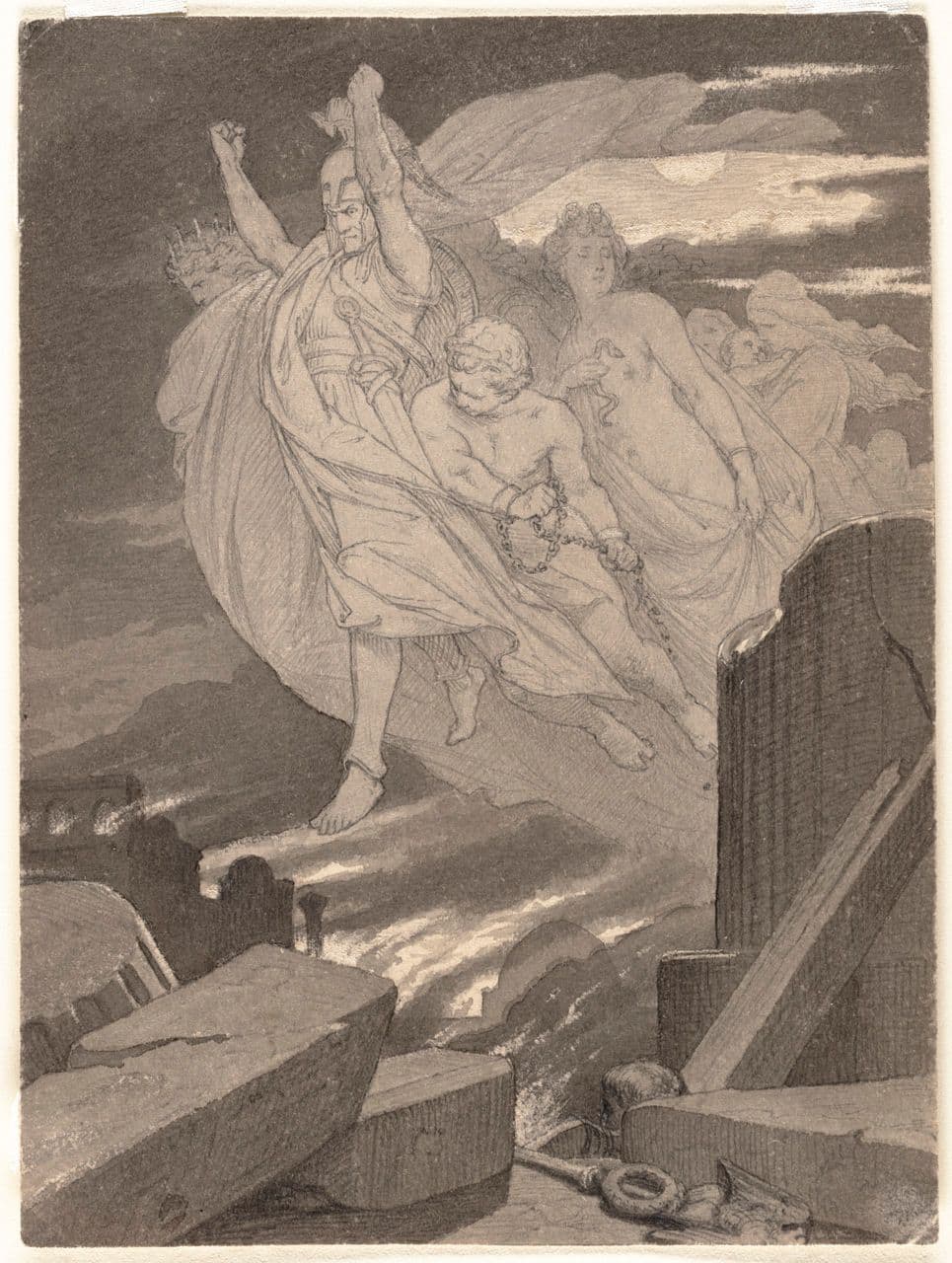 Classical Figures over Flaming Ruins