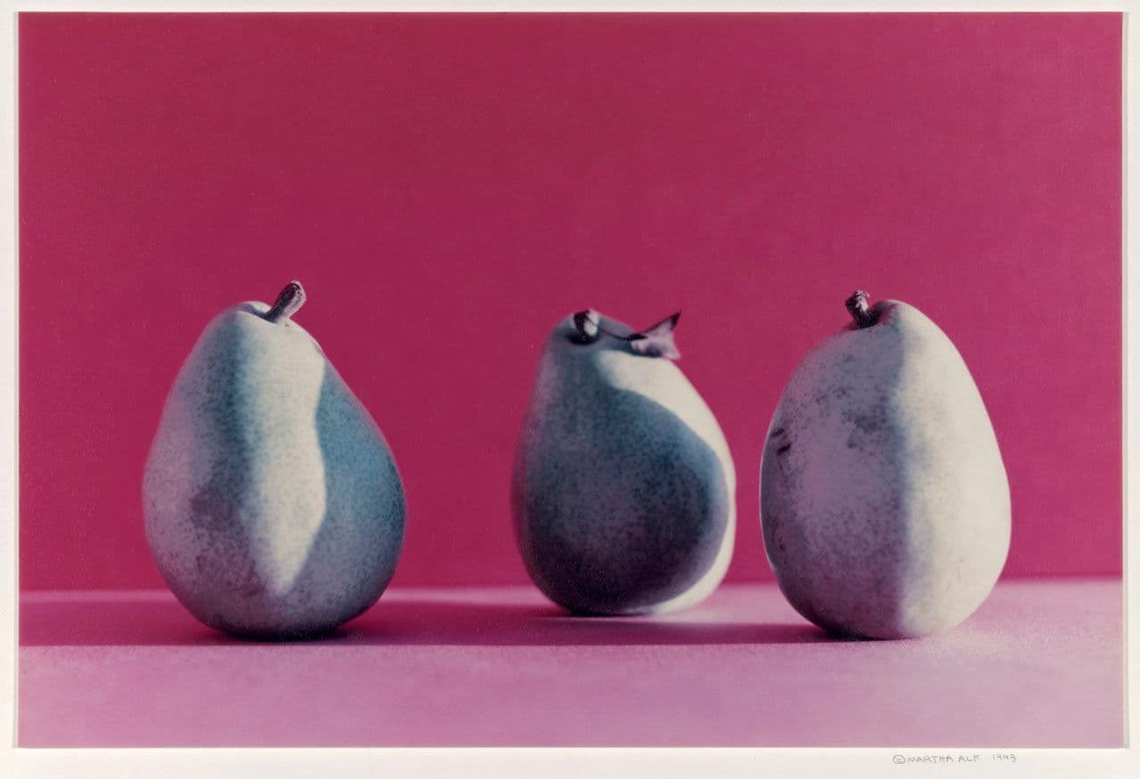 Three Green Pears with Leaf