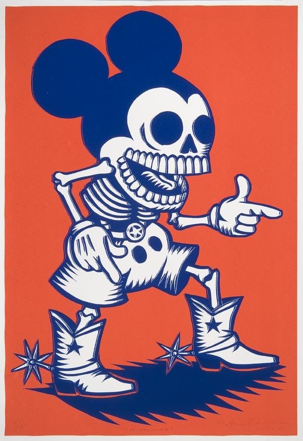 Artemio Rodriguez (Mexican, born Tacámbaro, Michoacán, Mexico, 1972), "Mickey Muerto," 2005. Screenprint, 45 x 30 ¾ in. Collection of the McNay Art Museum, Gift of Harriett and Ricardo Romo, 2009.79. © Artemio Rodriguez