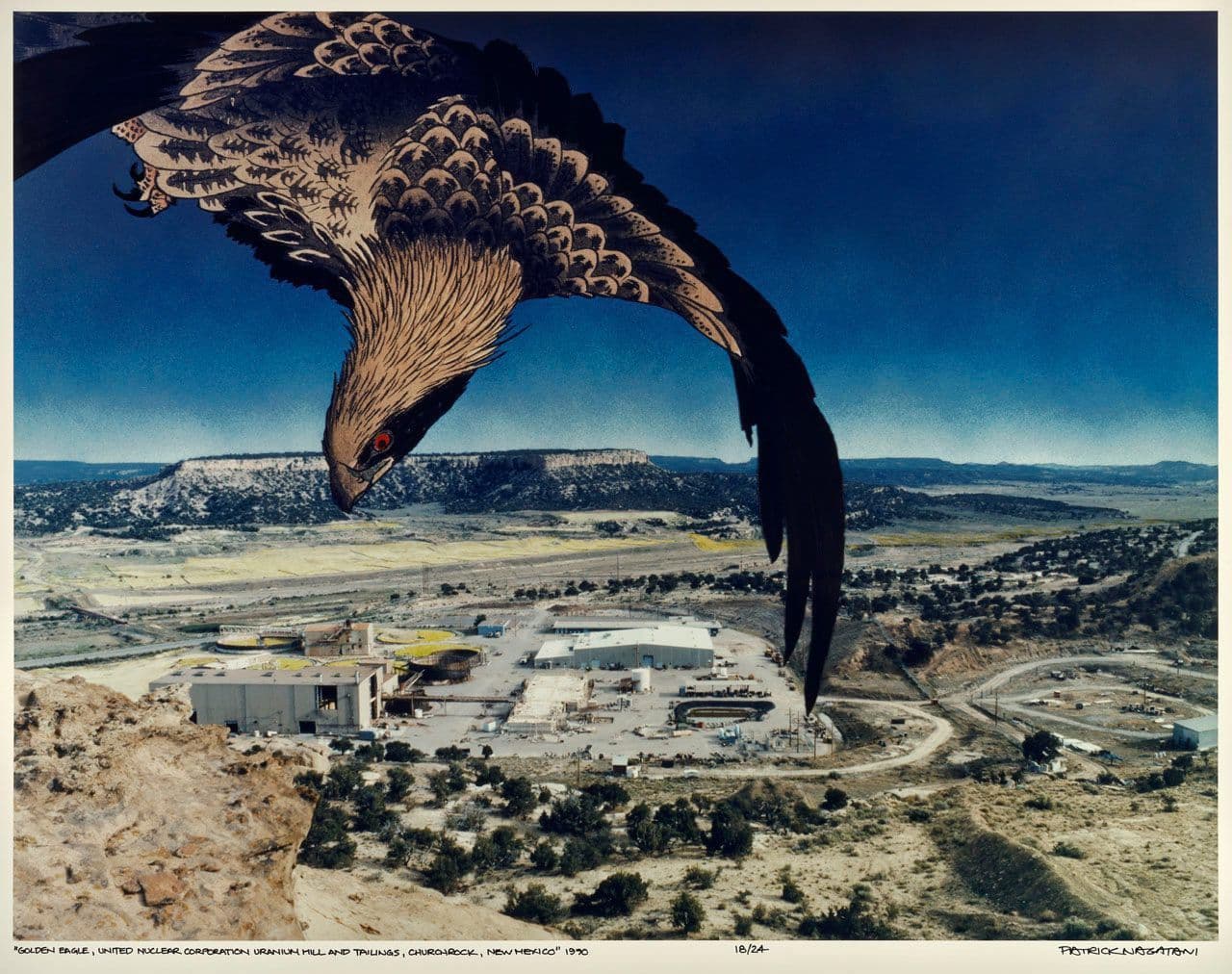 Golden Eagle, United Nuclear Corporation, Uranium Mill and Tailings, Churchrock, New Mexico, from "Nuclear Enchantment"
Patrick Nagatani
20th Century
2022.157.16 Golden Eagle, United Nuclear Corporation, Uranium Mill and Tailings, Churchrock, New Mexico, from "Nuclear Enchantment"