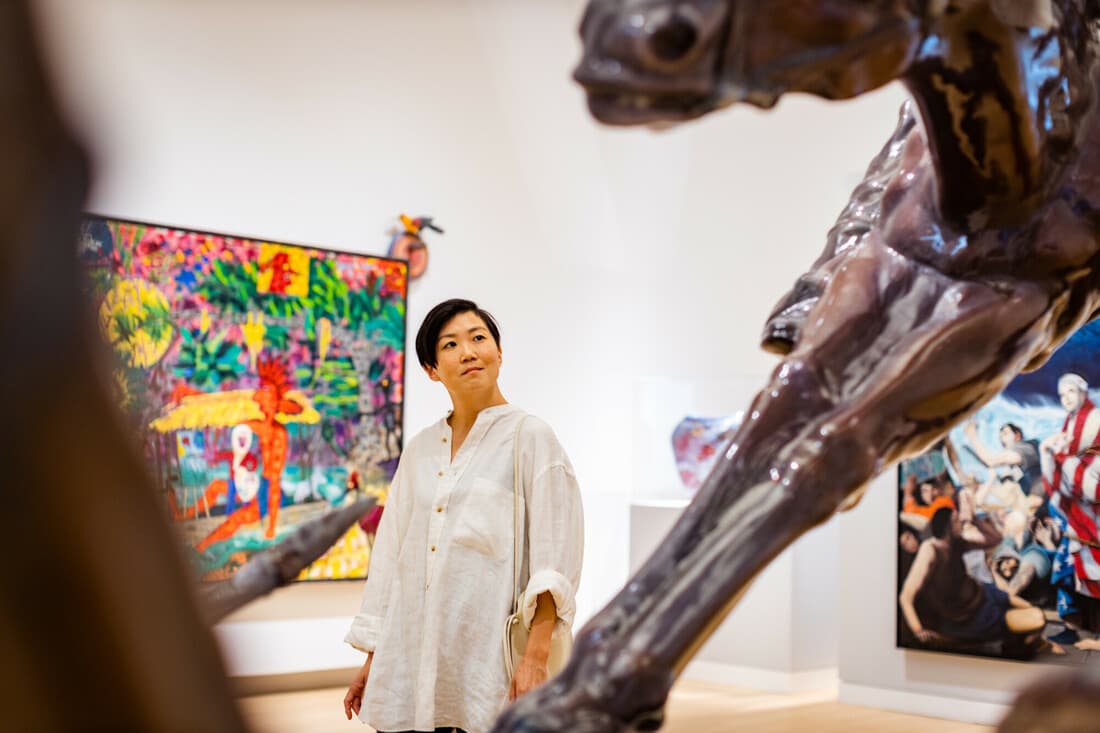 Visitor views contemporary artwork.