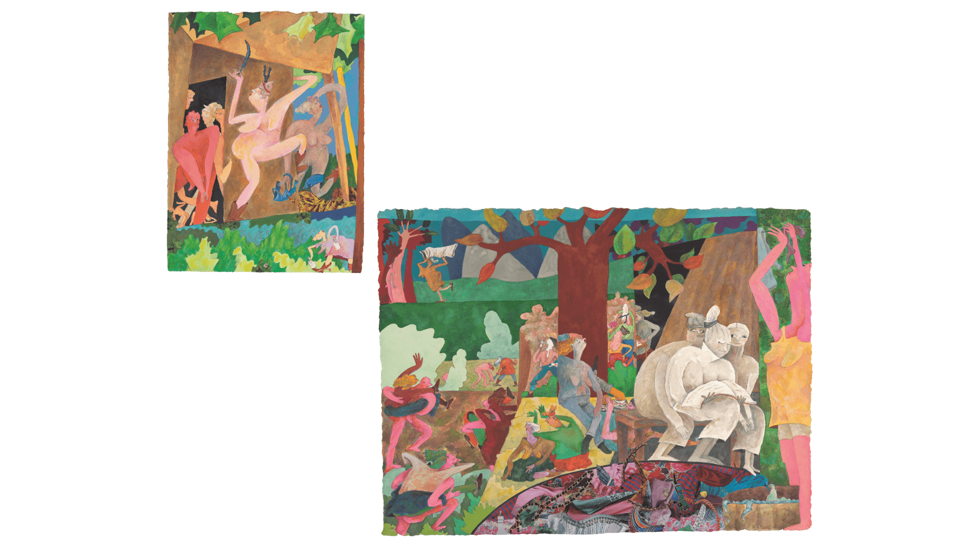 Fig. 5: Gladys Nilsson (American, born 1940), "Loded," 2025. Watercolor, gouache, colored pencils, pens, and collage on paper, 14 7/8 × 11 3/16 in. and 23 × 30 1/4 in. Crocker Art Museum, gift of the Artist, 2025.155.1.a–.b. Photo: P.D. Young.