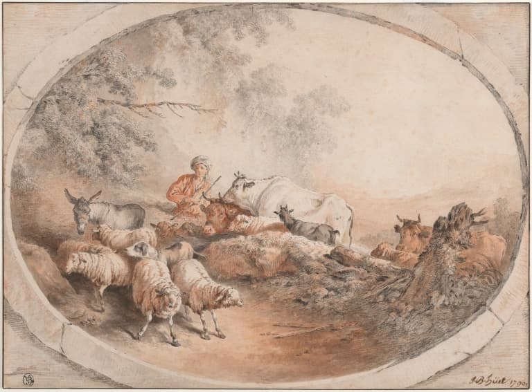A pen, ink, and chalk drawing by Jean-Baptiste Hüet's that depicts a pastrol scene of a herdsmen surrounded by cows and sheep.The scene is framed in what appears to be an oval stone niche.