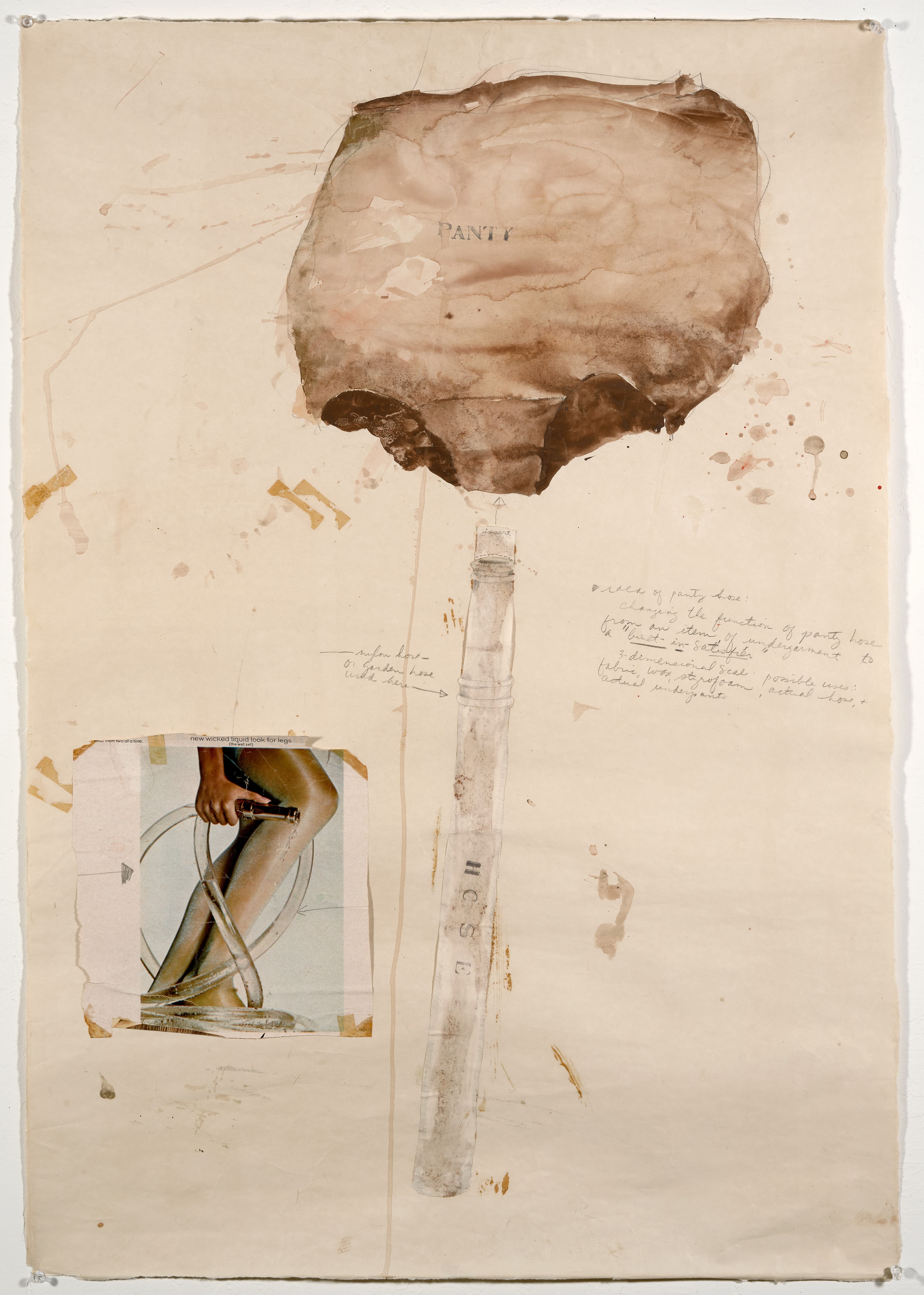 Suzanne Adan (American, born 1946), "Panty Hose," 1969. Watercolor, pencil, Elmer's glue, and magazine on butcher paper, 38 1/4 x 26 1/4 in. Collection of the Artist.