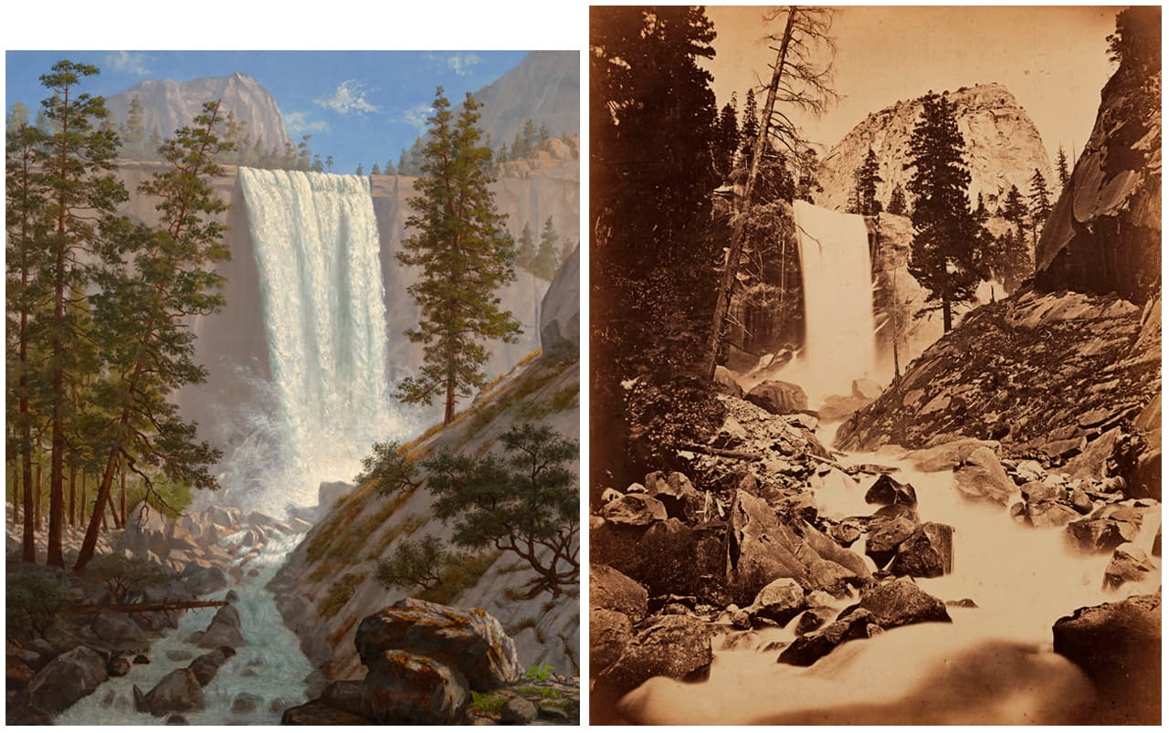 Comparison of Enoch Wood Perry Jr. (American, 1831–1915), Vernal Fall, Yosemite, 1863. Oil on canvas, 53 x 46 in. Crocker Art Museum, promised gift of David and Patricia Schwartz and Carleton Watkins (American, 1829–1916), Vernal Fall, Yosemite Valley, circa 1865. Albumen print, 20 3/8 x 16 1/4 in. Crocker Art Museum, gift of Barbara Morgans Powers, 1973.37.37.