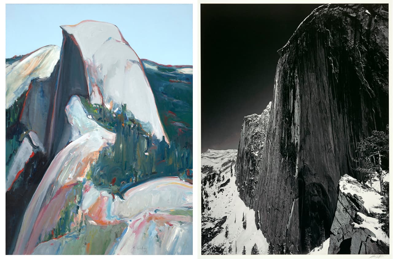 Comparison of Gregory Kondos (American, 1923–2021), Half Dome, 1993. Oil on canvas, 48 x 36 in. Crocker Art Museum, gift of Valorie Kondos Field and Bobby Field, 2005.83 and Ansel Adams (American, 1902–1984), Monolith, the Face of Half Dome, 1927; printed 1979. Gelatin silver print, 19 3/8 x 14 1/2 in. Crocker Art Museum, gift of Mr. and Mrs. Mead B. Kibbey, 1986.20.2.