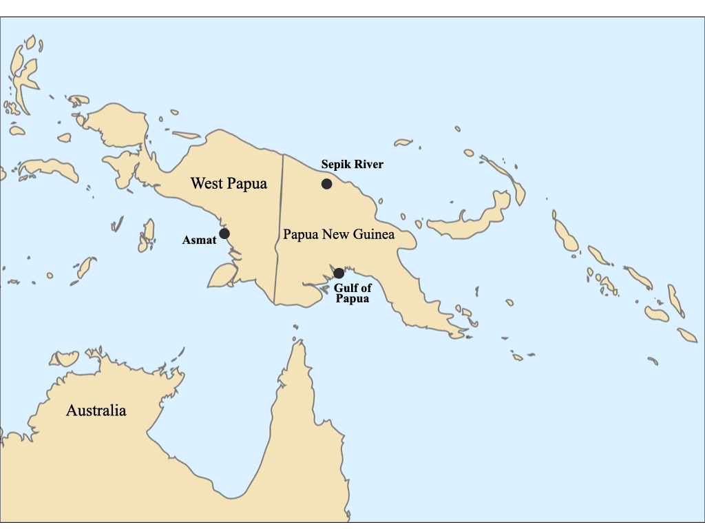 A map of New Guinea showing the location of the Sepik River region, the Gulf of Papua, and location of Asmat people.
Credit: Alex Golub, based on a map from Wikicommons
Copyright: Alex Golub, used with permission